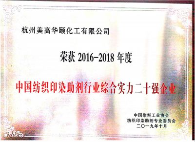The Top 20 Enterprises of China Textile Printing and Dyeing Auxiliaries Industry Comprehensive Strength during 2016-2018